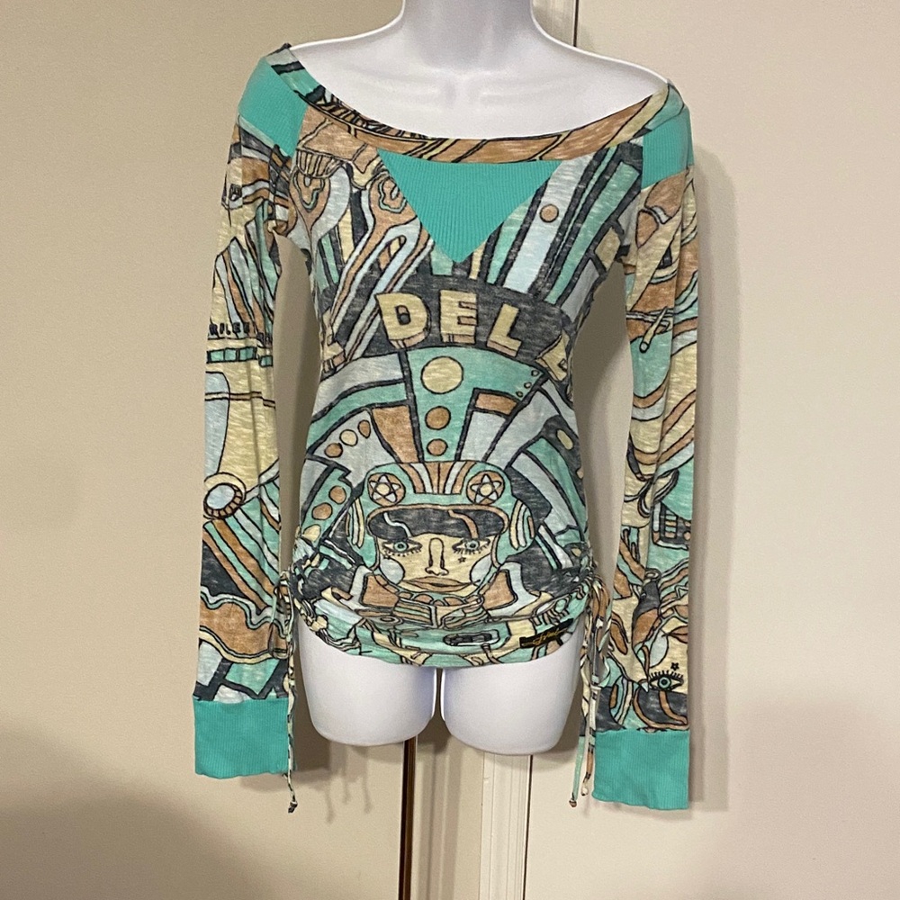 Vintage Diesel Teal, Tan & Black Graphic Off-Shoulder Long Sleeve Top